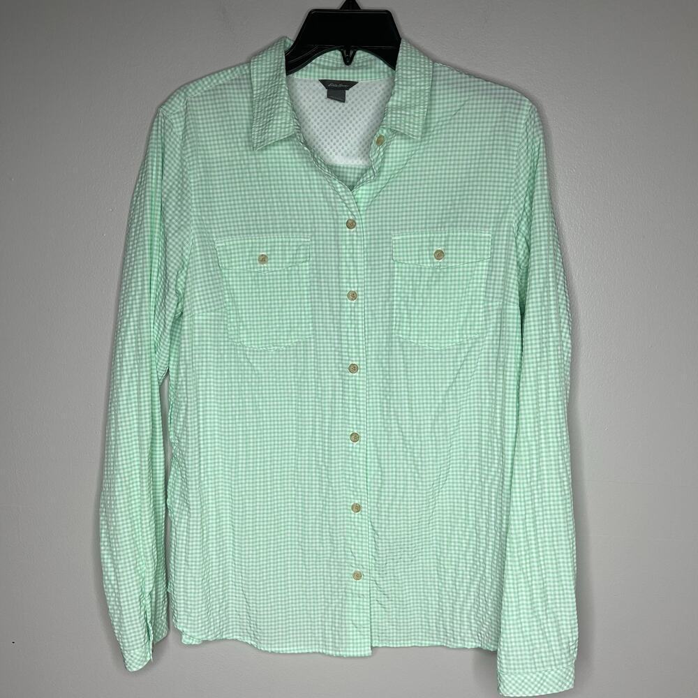 Eddie Bauer Women's Large Green Gingham Button Down Shirt Roll Tab Sleeve Vented
